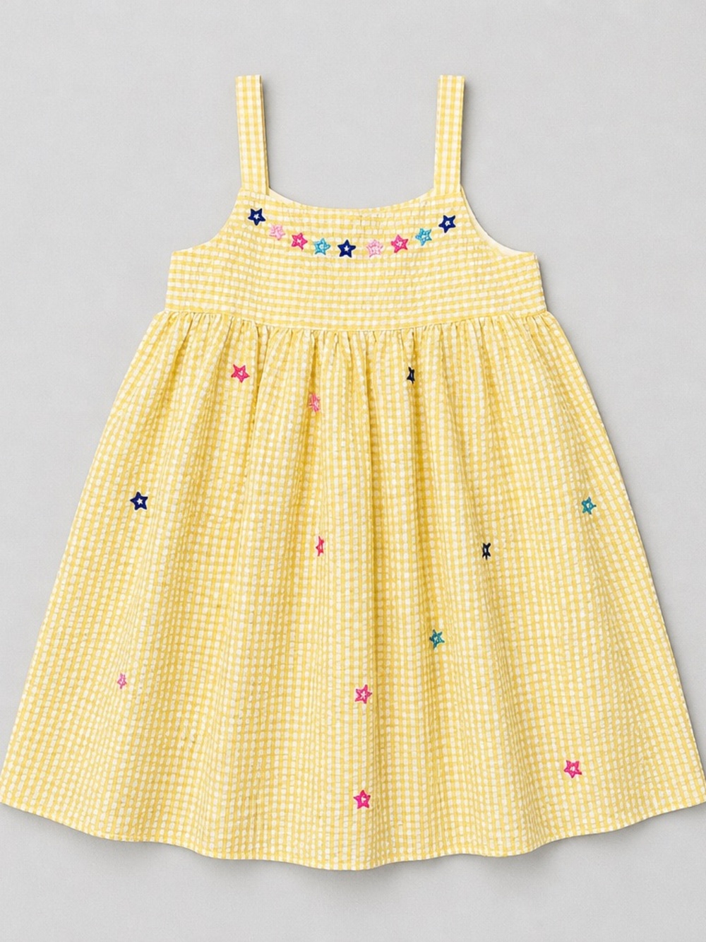 Counting Daisies yellow and white stripe sear sucker floral embroidered dress
